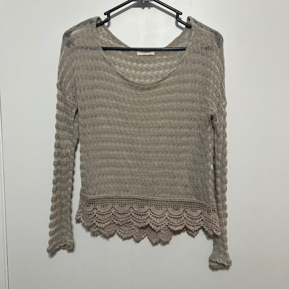 Vintage Y2K Womens Open Knit Sweater Size M Crochet Lace Trim Long Sleeve Boho
